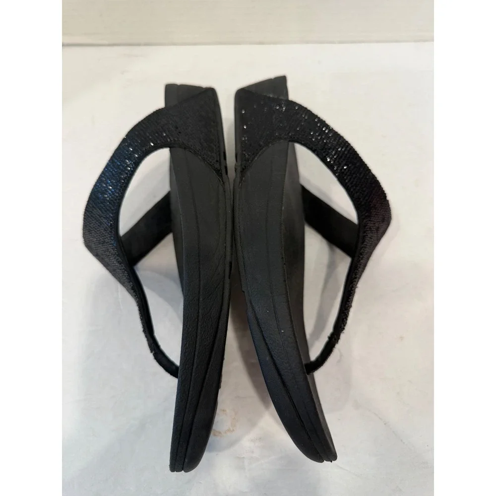 FitFlop LULU Black Crystal Microwobbleboard Wedge Thong Comfort Sandals 10